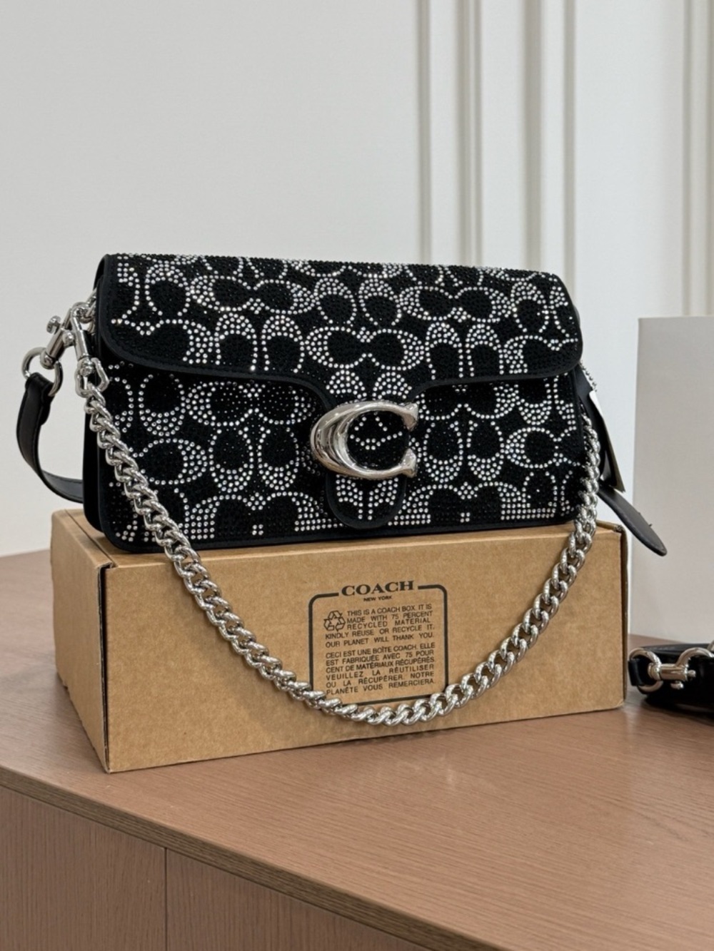 Coach Black Crystal-Embellished Signature C Crossbody Bag with Silver Hardware